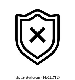 Shield insecure thin line icon. Black shield with cross or mark x outline icon. Shield isolated on white background. Editable stroke vector.