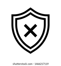 Shield Insecure Thin Line Icon. Black Shield With Cross Or Mark X Outline Icon. Shield Isolated On White Background. Editable Stroke Vector.