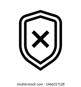 Shield insecure thin line icon. Black shield with cross or mark x outline icon. Shield isolated on white background. Editable stroke vector.