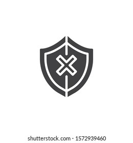 Shield insecure vector icon. filled flat sign for mobile concept and web design. Security shield with cross glyph icon. Unprotected symbol, logo illustration. Vector graphics