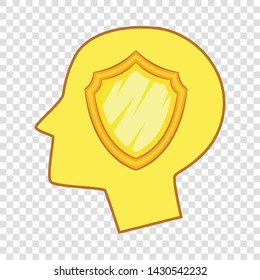 Shield inside human head icon. Cartoon illustration of shield inside human head vector icon for web