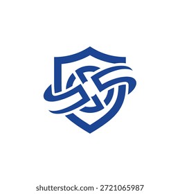 Escudo con diseño de logo de líneas entrelazadas. Logotipo de escudo dinámico, seguro y abstracto para la protección y la tecnología empresarial.