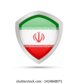 Shield with Iran flag on white background. Vector illustration.