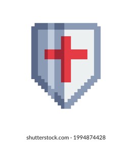 Shield item for gaming interface. Pixel art icon. Flat vector elements for mobile arcade and casual game. 8-bit sprite.