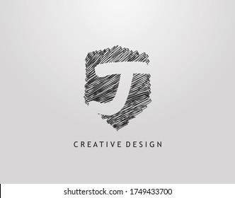 Shield J Letter Logo. Abstract hand drawn shield stroke line shape with negative space of letter J. Modern, minimalist and retro concept design. 