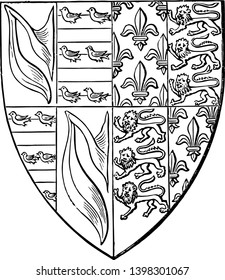 Shield of John de Hastings are impaling France ancient and England quarterly vintage line drawing or engraving illustration.