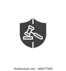 Shield with judge gavel vector icon. filled flat sign for mobile concept and web design. Law protection glyph icon. Symbol, logo illustration. Vector graphics