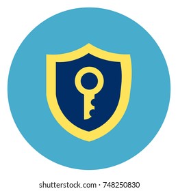 Shield With Key Icon On Round Blue Background Flat Vector Illustration