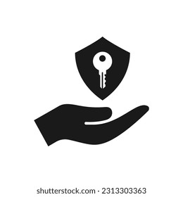 Shield with key on hand. Protection, safety flat icon isolated on white background. Vector illustration