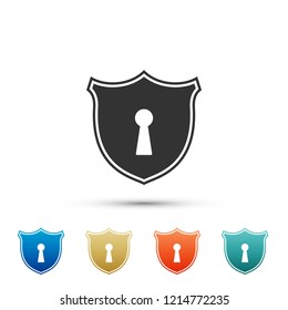 Shield with keyhole icon isolated on white background. Protection and security concept. Safety badge icon. Privacy banner. Defense tag. Set elements in colored icons. Flat design. Vector Illustration