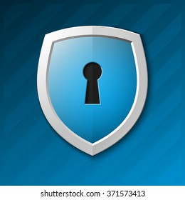 Shield with keyhole isolated on white background. Defense sign Protection concept. Safety badge icon. Privacy banner. Security label. Defense tag. Presentation sticker shape. Vector illustration