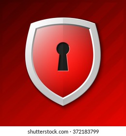 Shield with keyhole isolated on white background. Defense sign Protection concept. Safety badge icon. Privacy banner. Security label. Defense tag. Presentation sticker shape. Vector illustration