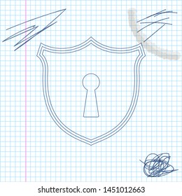Shield with keyhole line sketch icon isolated on white background. Protection and security concept. Safety badge icon. Privacy banner. Defense tag. Vector Illustration