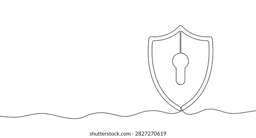 Shield with keyhole of one continuous line drawn. Security shield with keyhole drawn in one line. Safety and protection concept. Vector illustration.