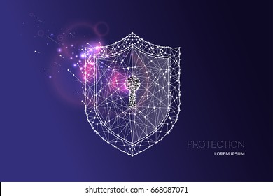 Shield with keyhole. starry night sky and line dot design. the concept of protection and safe guard. suitable for background, banner, poster, brochure etc. vector illustration