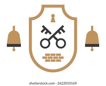 Shield with keys, bells, and bricks