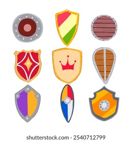 Conjunto de caballero de escudo de dibujos animados. guerrero medieval, batalla de héroes, signo de caballero de escudo de honor de búsqueda. símbolo aislado Ilustración vectorial