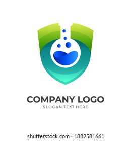 shield lab logo, shield and bottle, combination logo with 3d colorful style