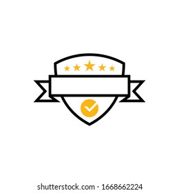 Shield label logo template with five star, ribbon and check mark. Shield frame vector. Shielding icon in black and yellow color, security and protector symbol