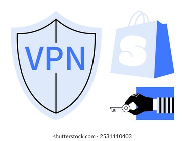 A shield labeled VPN, a shopping bag with an S, and a hand with a key. Ideal for data security, online shopping, privacy, digital protection, and cybersecurity awareness. Minimalist vector style