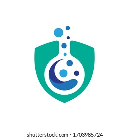 Shield laboratory logo. Secure chemical label icon. Scientific discovery logo vector