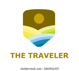 shield landscape land sea havana with sun iconic design badge logo for sticker or label of corporate or community nature camp with modern flat design illustration style