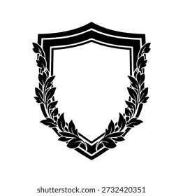 Escudo con corona de laurel, emblema clásico de Vector negro para premios, logros y elegantes insignias decorativas.