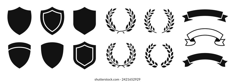 Escudo, corona Laurel, conjunto de iconos de la cinta de opciones. Elementos del logotipo: cintas, escudo, conjunto de capellanes de laurel. Vector