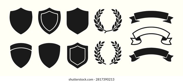 Shield, Laurel wreath, Ribbon icon set. Logo elements: ribbons, shield, laurel chaplet set. Vector