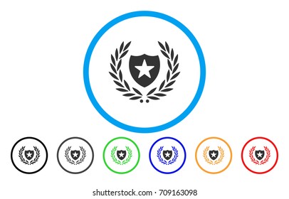 Shield Laurel Wreath vector rounded icon. Image style is a flat gray icon symbol inside a blue circle. Bonus color variants are grey, black, blue, green, red, orange.