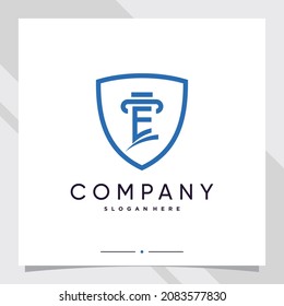 Shield and law logo design initial letter e with line art style