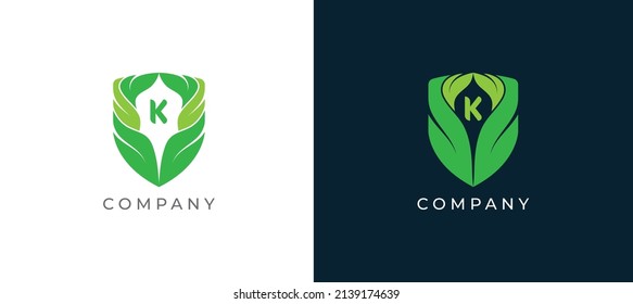 Símbolo del símbolo del logotipo de la hoja escudo Diseño con letra K. Plantilla de logotipo de ilustración de vector