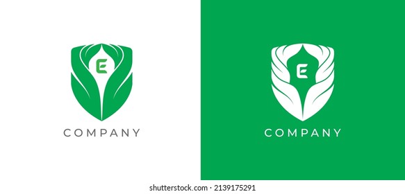 Shield Leaf Logo sign icon symbol Design with Letter E. Vector illustration logo template