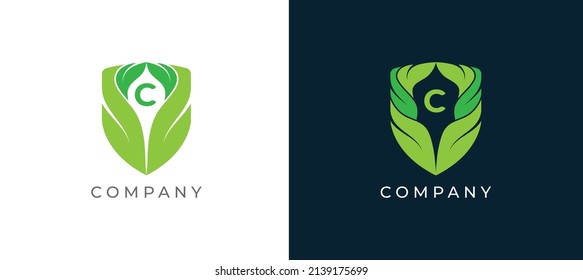 Shield Leaf Logo sign icon symbol Design with Letter C. Vector illustration logo template