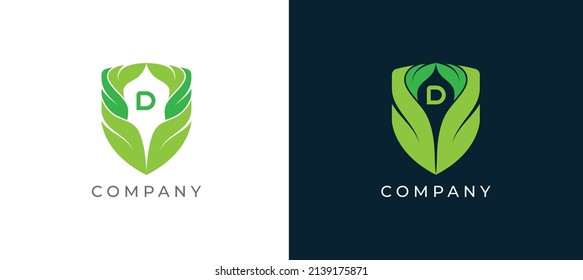 Shield Leaf Logo sign icon symbol Design with Letter D. Vector illustration logo template