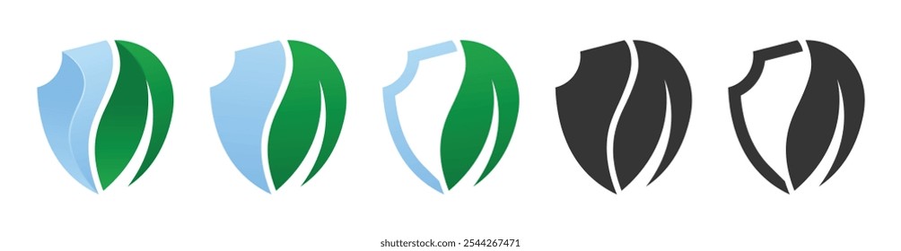 Conjunto de diseño de Vector de icono de naturaleza de hoja de escudo aislado fondo transparente en colores azul, verde y negro
