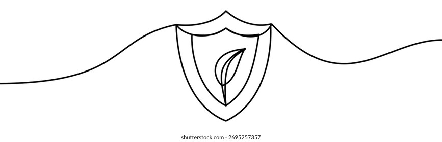 Shield with a leaf on it, continouos line design, isolated on transparent background, vector illustration
