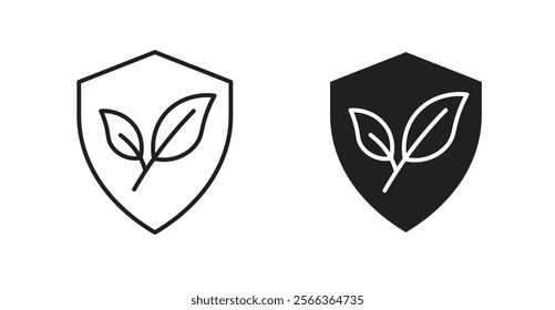 Shield with leafs icons in line stroke and flat versions