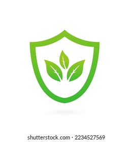 Shield with leaves, nature ecology protection on white isolated background. Vector illustration