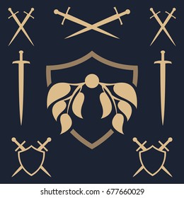 Shield with leaves and swords. Unique template of the security company. Security sign.
