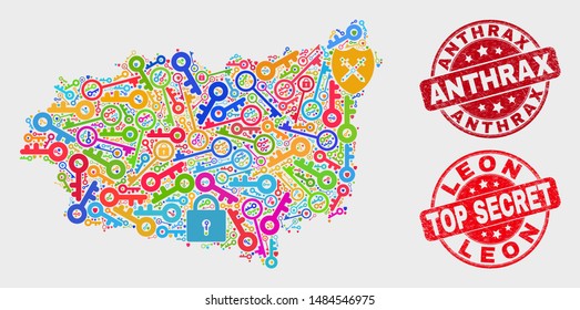 Shield Leon Province map and seals. Red round Top Secret and Anthrax scratched seals. Colorful Leon Province map mosaic of different safety symbols. Vector collage for safety purposes.