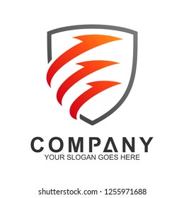 shield letter E with arrow shape business logo template