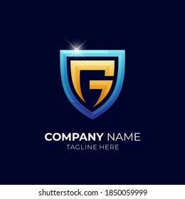 Shield letter G logo with 3d concept and sparkling star effect