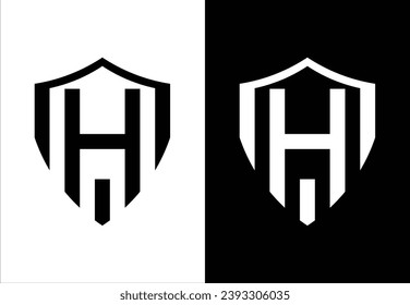 SHIELD AND LETTER "H" MONOGRAM DESIGN. BLACK AND WHITE BACKGROUND. SUITABLE FOR YOUR BRAND OR BUSINESS LOGO.