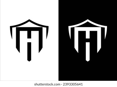SHIELD AND LETTER "M" MONOGRAM DESIGN. BLACK AND WHITE BACKGROUND. SUITABLE FOR YOUR BRAND OR BUSINESS LOGO.
