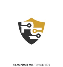 Shield with letter P adn S on circuit. Logo design. Vector Illustration.