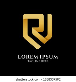 Shield letter R logo with ribbon 3d shape in gradient gold color