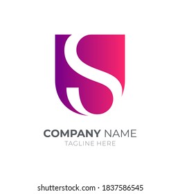 Shield letter S logo. Shield with negative space letter S. Simple flat shield logo template in gradient purple color