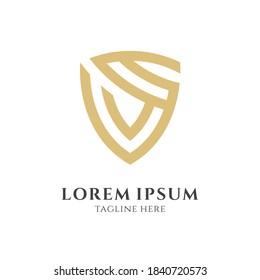 Schildbriefe S Luxus-Logo. Schild und Anfangsbuchstaben S mit flachem Logo-Konzept in goldener Farbe