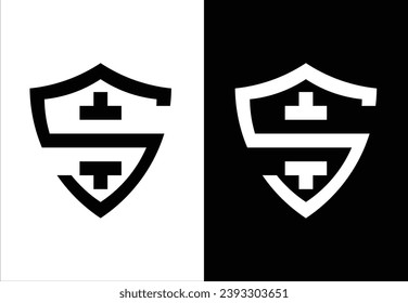 SHIELD AND LETTER "S" MONOGRAM DESIGN. BLACK AND WHITE BACKGROUND. SUITABLE FOR YOUR BRAND OR BUSINESS LOGO.